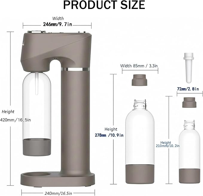 Home Sparkling Water Soda Maker with 2 BPA-Free Bottles (1L + 0.5L) - Carbonated Water Seltzer Fizzy Drink Machine, Compatible with Screw-In 60L CO2 Carbonator (Not Included), Gray
