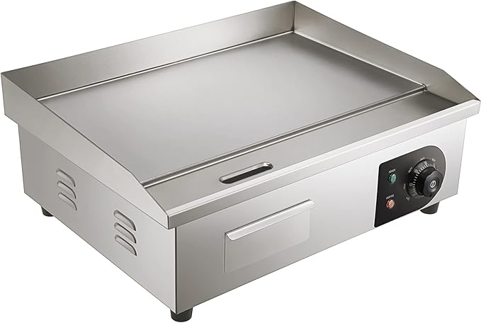 VEVOR Commercial Electric Griddle, 22", 1600W Countertop Flat Top Griddle, Stainless Steel Teppanyaki Grill w/Iron Cooking Plate, 122-572℉ Adjustable Temp Control 2 Shovels & Brushes, 110V