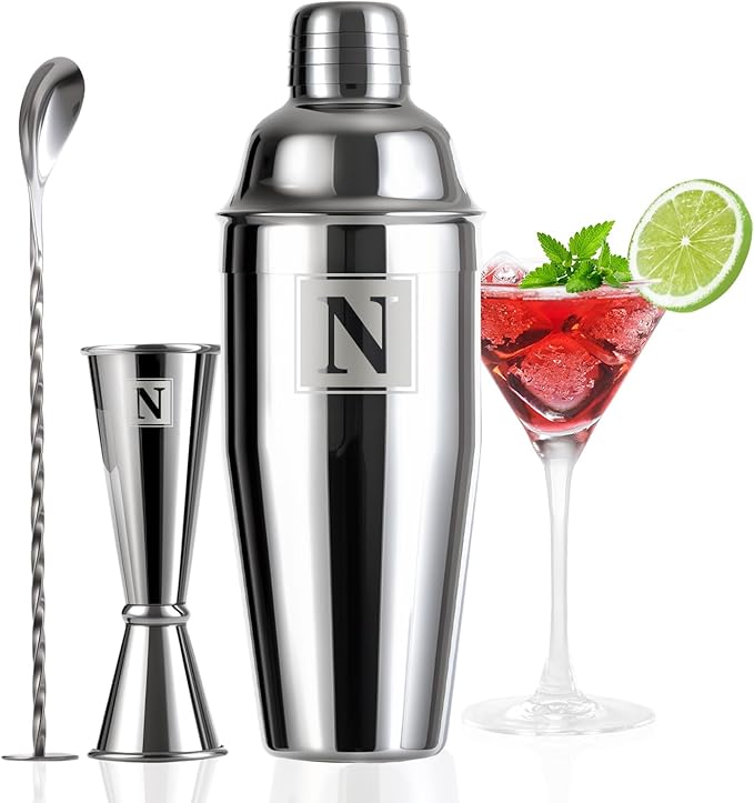 24oz Cocktail Shaker Set with 1 oz 2oz Jigger - Monogramm Initials Martini Shaker Set - 304 Stainless Steel Bar Shaker for Margarita,Mojito-Personalized Gift for Friend,Husband-N