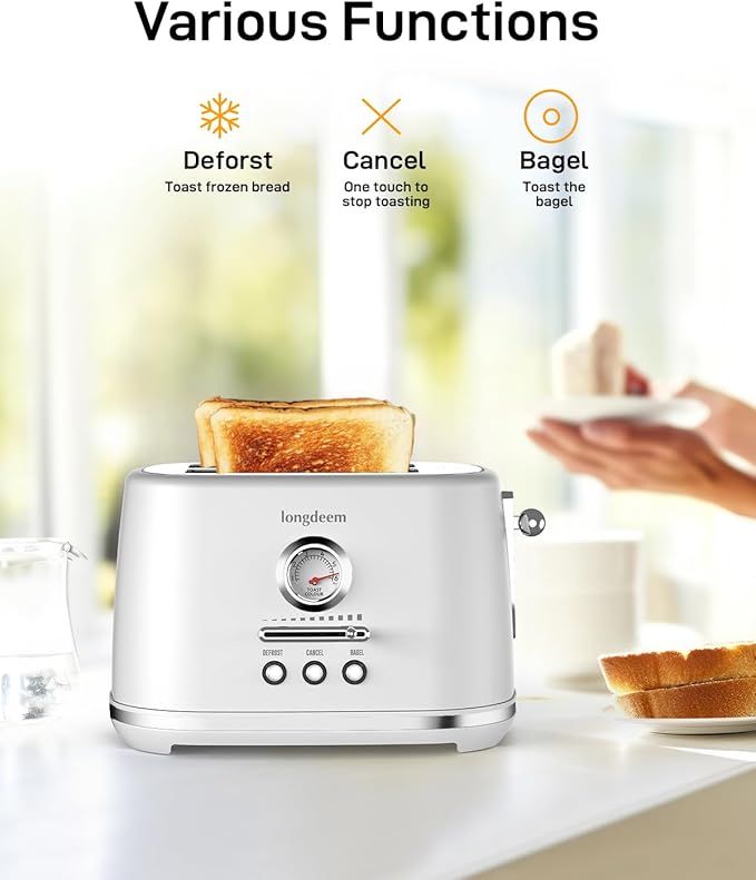 2 Slice Toaster with Extra Wide Slots & Removable Crumb Tray 6 Browning Options, Auto Shut Off & Frozen Function, Toast Fruit Bread, Bagel & Waffle, White