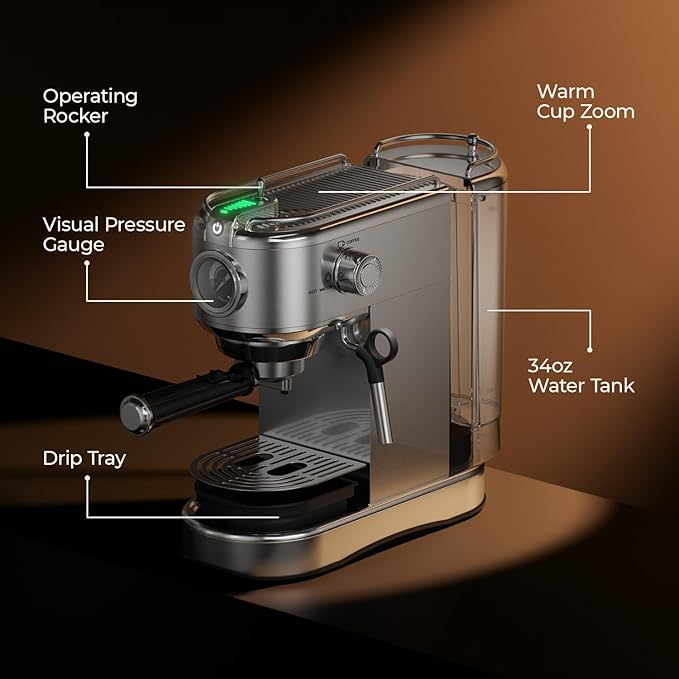 Espresso Machine 20 Bar, Compact Espresso Maker Stainless Steel 1450W Professional Coffee Machine for Latte & Cappuccino with Steam Wand