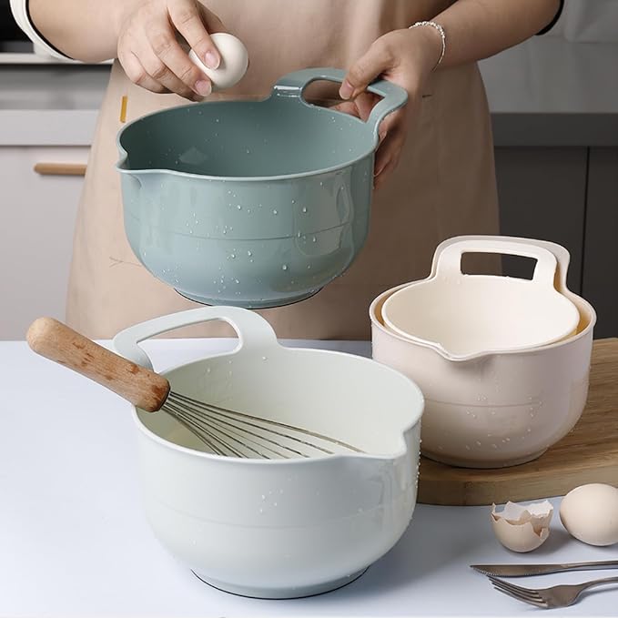 Mixing Bowls - 4 Piece Nesting Plastic Mixing Bowl Set with Pour Spouts and Handles - Non Slip Bottom and Measurement Markings (Light Green)