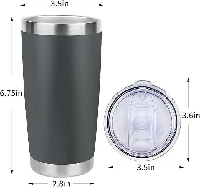 20oz Stainless Steel Tumbler Bulk with Lid, Travel Mug - Double Wall Vacuum Powder Coated Cup - Grey, 6 Pack