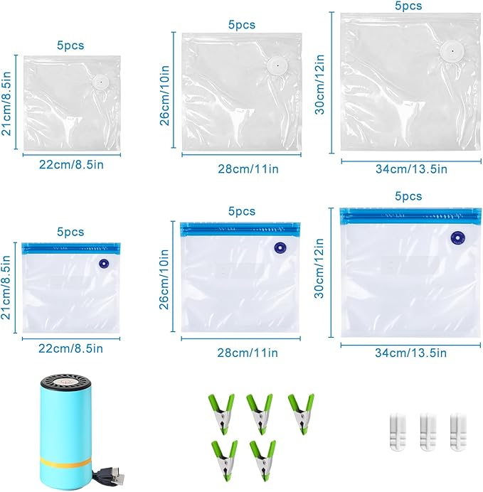 39-Pack BPA-Free Vacuum Sealer Bags with Pump Included – 3 Sizes, Reusable Meal Bags with & Without Air Valves for Freshness – Microwave & Freezer Safe for Meal Prep & Food Storage