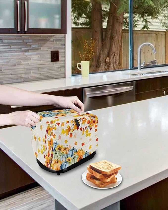 Thanksgiving Fall Toaster Cover 4 Slice, Blue Green Orange Pumpkins Dustproof Bakeware Oven Protector with Top Hook, Maple Leaf Waterproof Small Kitchen Appliance Toasters Dust Cover, 12"x11"x8"