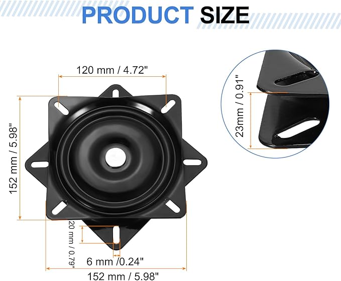uxcell 2Pcs 6" Bar Stool Swivel Replacement, 360° Rotation Lazy Susan Turntable, Square Semi-Ball Bearing Seat Swivel Base Mount Plate for Recliner Chair or Table, Black (154x2mm)