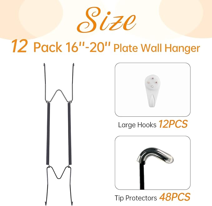 Bilillo 12 Pack Spring Plate Hangers for The Wall, Invisible Heavy Duty Wire Holders with 12 Pcs Wall Hooks, Fit 16"–20" Decorative Plates, Platters, Dishes, Black Stainless Steel