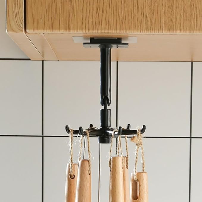 Healifty 4pcs Rotatable Kitchen Utensil Hooks Wall Hangers, Adhesive Under Cabinet Hook Set in Black and White, 360-degree Swivel Storage for Kitchen Organization and Easy Access