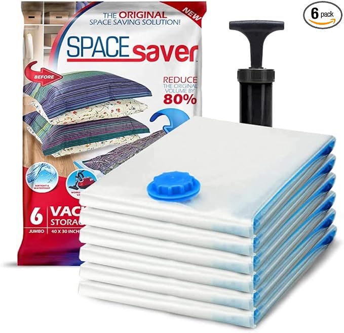 Spacesaver Premium Vacuum Storage Bags. 80% More Storage! Hand-Pump for Travel! Double-Zip Seal and Triple Seal Turbo-Valve for Max Space Saving! (Jumbo 6 Pack)