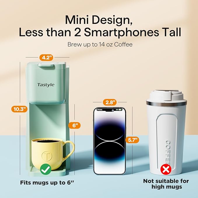 Tastyle Mini Hot and Iced Coffee Maker Single Serve, for K Cup and Ground, 6 to 14 Oz Brew Sizes, with Recipe Book, for Home, Travel, RV, Office and Dorm, Mint