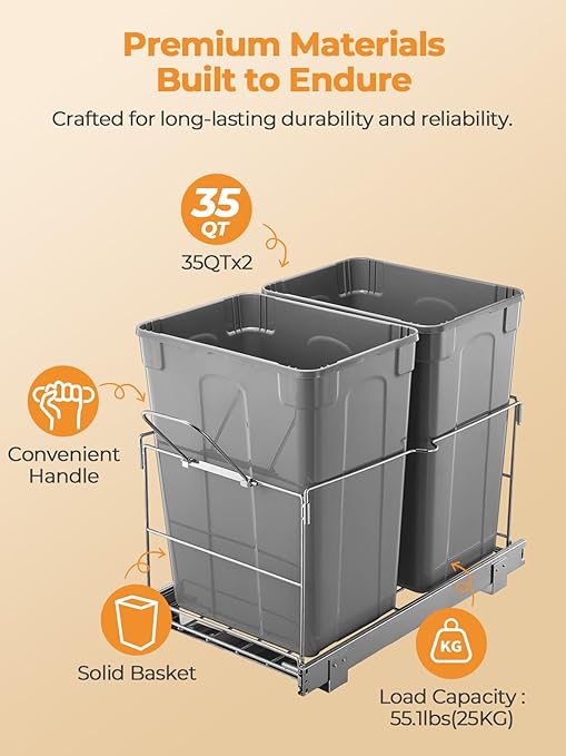 FOHERE Pull Out Trash Can Under Cabinet, 35 QT Double Under Sink Trash Can Waste Container with with Chrome Wire Bottom Mount and Handle, Heavy Duty Garbage Recycling Bin for Kitchen Cabinet, Sink