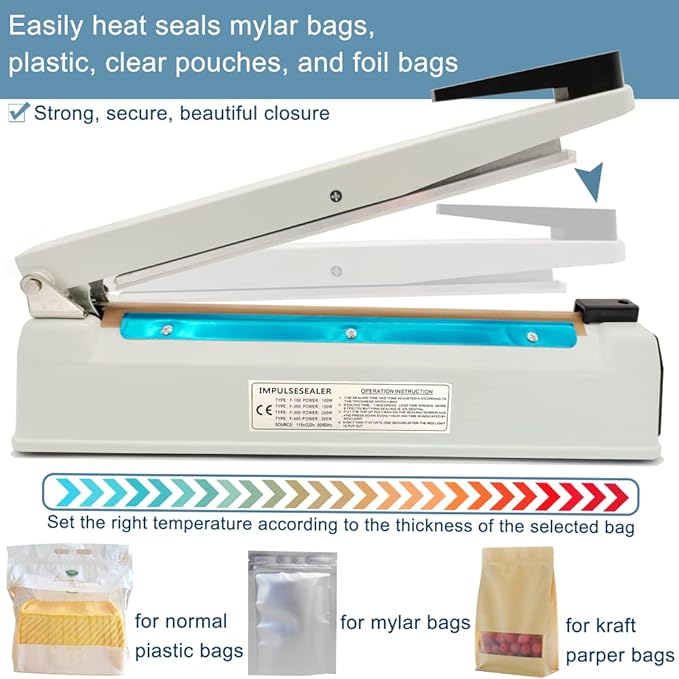 Impulse Heat Sealer 16 inch Mylar Bag Sealer, Heat Sealer for Plastic Bags, Metal Iron Shell, Impulse Sealer 3mm Sealing, Manual Hot Seal Machine with 8 Repair Kits(Included 2 Cutter Lines)