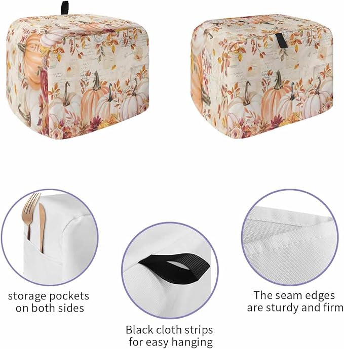 Pink Orange Pumpkins Fall Toaster Cover 2 Slice, Thanksgiving Leaves Dustproof Bakeware Oven Protector with Top Hook, Autumn Floral Waterproof Small Kitchen Appliance Toasters Dust Cover, 12"x7.5"x8"