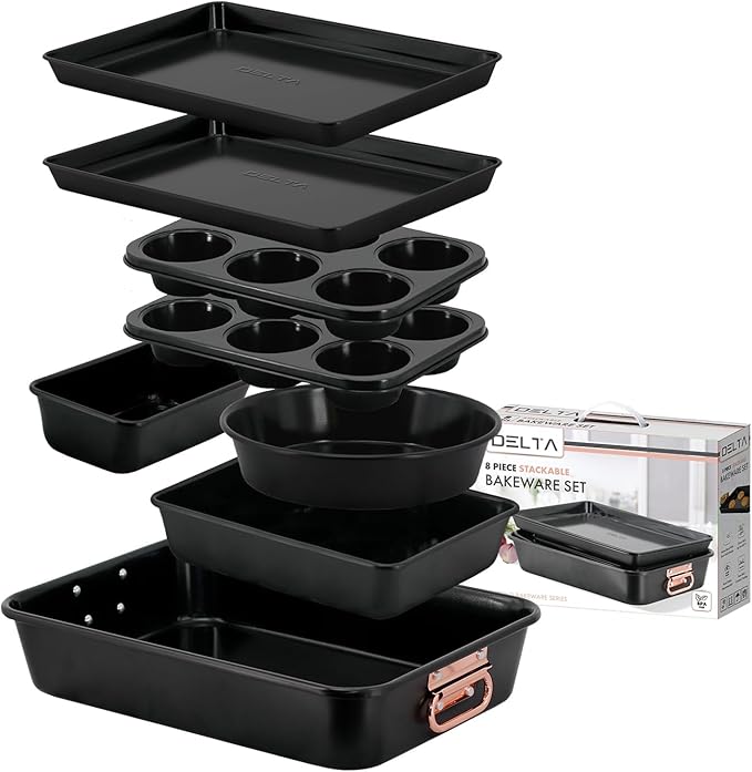 Stackable Nonstick Bakeware Set, 8 Piece Baking Pan Set, Oven Safe Carbon Steel, Includes Cookie Sheet, Muffin Pan, Loaf Pan & Roaster
