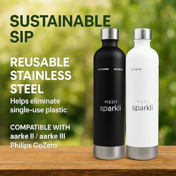 Fizzit Sparklí Stainless Steel Sparkling Water Maker with 3 Reusable Stainless Steel Water Bottles – Soda Streaming Machine Carbonated Seltzer Fizzy Water Maker for Home Kitchen, Dishwasher Safe