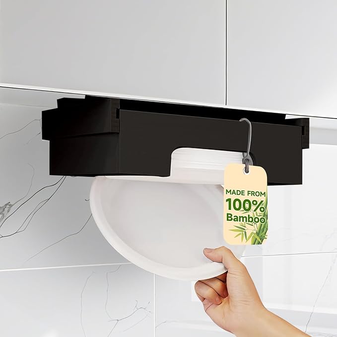 Bamboo Paper Plate Dispenser - 10 inch Wooden Paper Plate Dispenser Under Cabinet, Kitchen Countertop Vertical Plate Holder Organizer