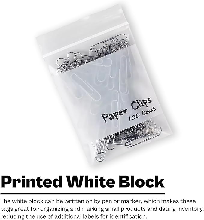 PSBM 1000 Count 4 Mil 5 Inch x 8 Inch, White Block Reclosable Poly Bags, With Write-On Block, Clear Zip Plastic Bag, Lock Seal Zipper For Packing, Storing, Organizing & Shipping Products
