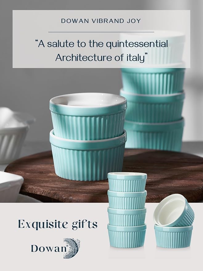 DOWAN 8 oz Ramekins - Ramekins for Creme Brulee Porcelain Ramekins Oven Safe, Classic Style Ramekins for Baking Souffle Ramekins Ramekins Bowls, Set of 6, Blue