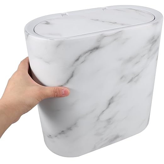 Ipetboom Marble Trash Can with Lid Plastic Garbage Bin for Bathroom Bedroom Kitchen Narrow Space Wastebasket