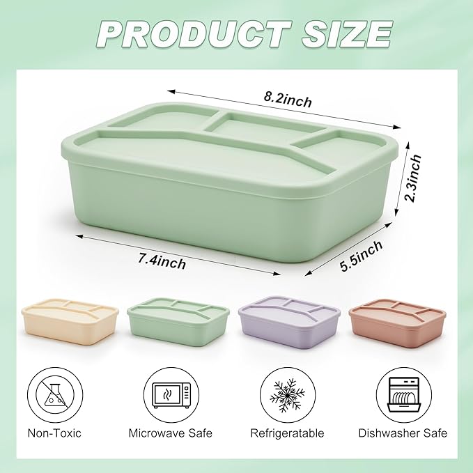 Ziliny 4 Pcs Silicone Bento Box Reusable Lunch Container Smooth Leak Proof Lunch Box Rectangle Bento Boxes for Adult Work Travel Food Meal Compartment Storage, 4 Colors (Light Color)