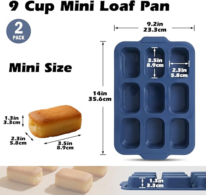 Silicone Mini Loaf Pans Baking: 9 Cavity Nonstick Mini Bread Loaf Pans with Metal Frame - Small Banana Bread Tins Tray for Baking Pumpkin Cornbread Meatloaf - for Oven Home Bakers Housewife (2 Pcs)