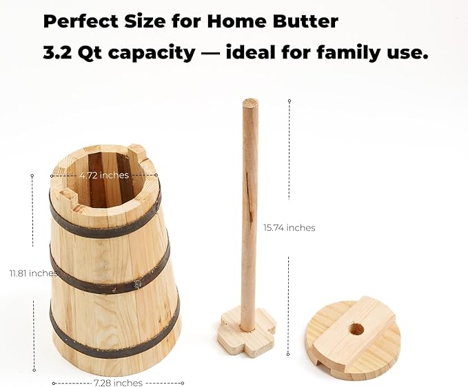 Butter Churner Old Fashioned Wooden-Style, 30 cm Tabletop Manual Dash Churn, 3 L / 3.2 Qt Capacity, Removable ~40 cm Plunger, Farmhouse Butter Maker for Home Kitchen, Hand-Operated Easy-Clean
