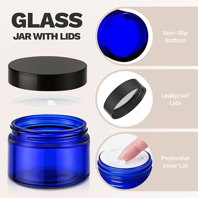 Bumobum 1 oz Blue Glass Jars with Lids, 48 pack Clear Small Jars with Black Lids, White Labels & Inner Liners, Empty Round Cosmetic Containers for Cream, Lotion
