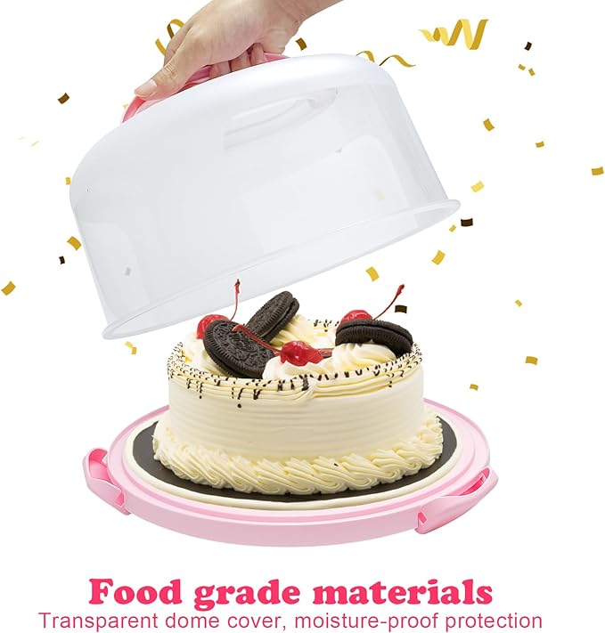 Cake Carrier with Lid and Handle, Fit 10’’ Cake Stand with Lid, Cake Transport Storage Container, Cake Containers Cover Stand with Lids, 3 Secure Side Closures (Pink)