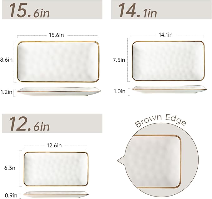 Ceramic Rectangle Serving Platter with Brown Rim: 15.6/14.1/12.6 Inch Large Serving Dishes for Entertaining Party, Sushi, Turkey, Cheese, Snack and Dessert, Microwave Dishwasher Safe