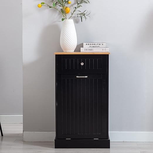 Gitua Tilt Out Trash Cabinet, Freestanding Wooden Kitchen Trash Recycling Cabinet with Drawer & Removable Cutting Board, Dog Proof Trash Can Cabinet, Black