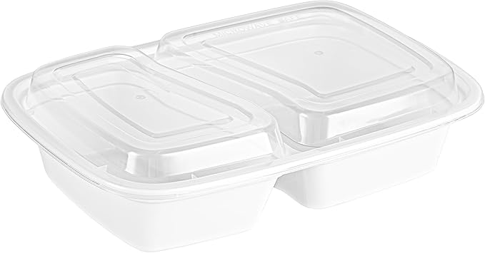 Restaurantware Asporto 32 Ounce Compartment Take Out Boxes 100 Microwavable Meal Prep Containers - 2 Compartments With Clear Plastic Lids White Plastic Food Containers Do Not Contain BPA