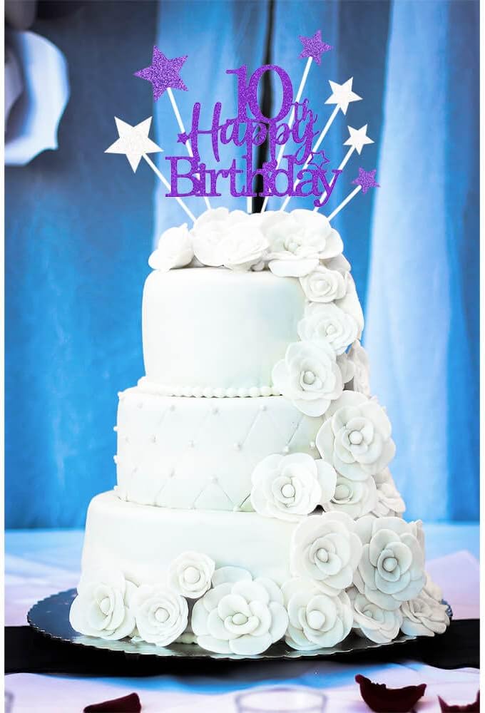 Glittery 10th Happy Birthday Cake Topper with Star,Personalised 10 Birthday Cake Toppers Party Decorations Party Supplies for Boys Girls Purple Silver