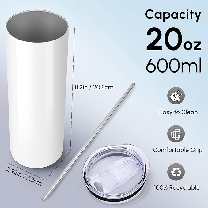Volhoply 12 Pack Skinny Sublimation Tumblers with Lid and Straw, 20oz Stainless Steel Straight Tumbler Bulk, Vacuum Insulated Coffee Mug for Home, Office, Travel, DIY (Sublimation,12 Pack)