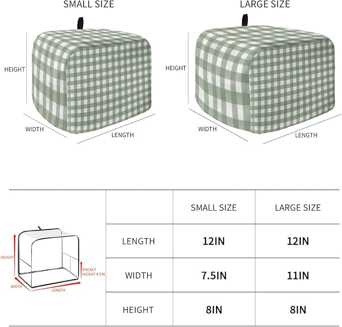 Sage Green Buffalo Plaid Toaster Cover 4 Slice, Large Kitchen Appliance Cover, Farmhouse Green White Checkered With Loop, Bread Machine Polyester Dust Protection