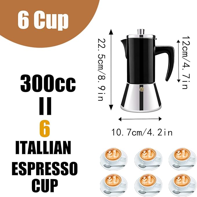 6 Cup Thickened 304 Stainless Steel Moka Pot Stovetop Espresso Maker Cafeteras Italian Percolator Espress Makers Capable Greca Mocha Coffee Machine for Induction Home and Camping 300ml 10oz