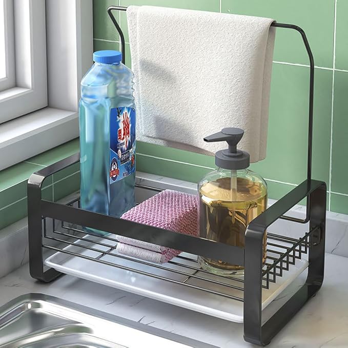 Sponge Holder with rag stick for Kitchen Sink - Rustproof Sink Caddy with Instant Drying Stone, Removable Dish Brush Holder, Stainless Steel Kitchen Caddy for Coutertop Storage Accessories