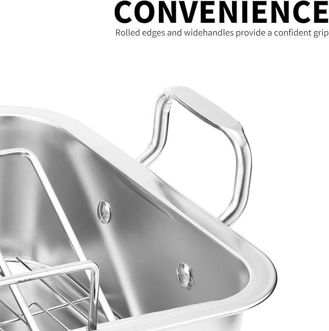 QPMR Roasting Pan with Cooling Rack - Stainless Steel Large Turkey Roaster Pan for Turkey, Chicken, Ham Roaster with V-Shaped Baking Rack Heavy Duty Dishwasher Safe