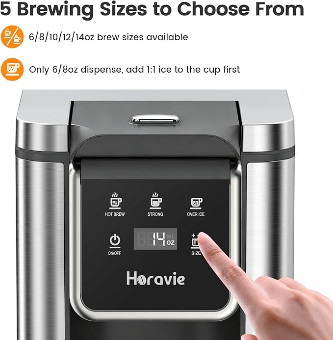 Single Serve Coffee Maker for K-Cup Pod and Grounds, Hot and Iced Coffee Maker, Stainless Steel Coffee Maker, Strong Button Feature, 6 to 14oz Brew Sizes, 50oz Removable Tank, Up to 6.5 Inch Cup, Grey