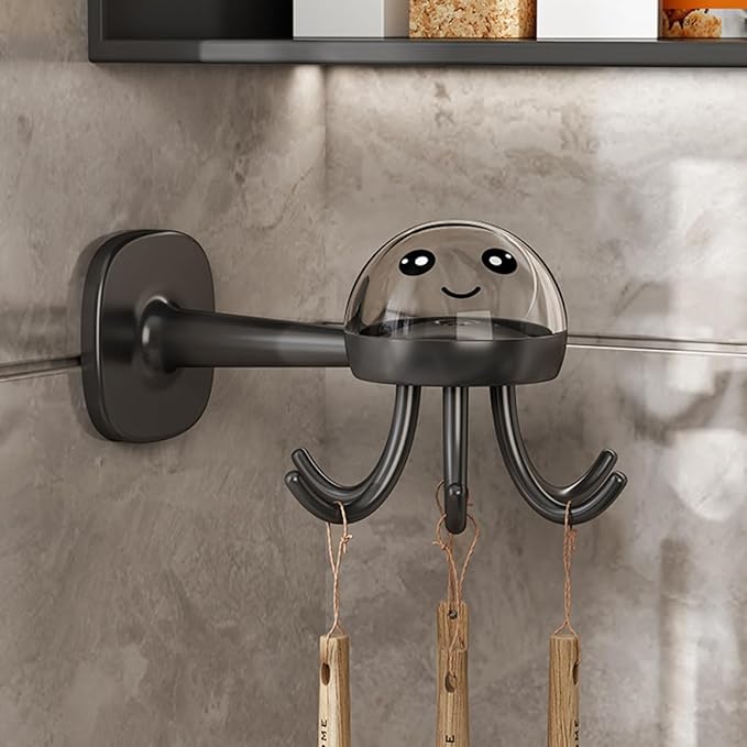 Beaupretty Rotating 6-Claw Utensil Hook Wall Mounted Kitchen Organizer Rack, Punch-Free Lightweight Black Storage Hanger for Cooking Tools and Utensils