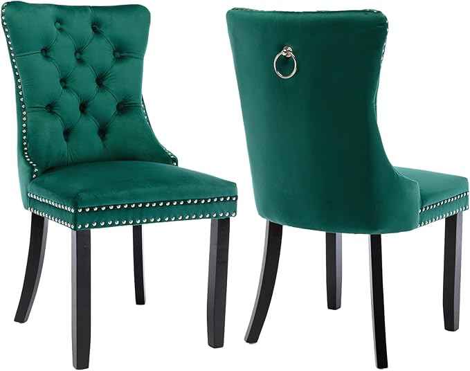 Green Velvet Dining Chairs Set of 2, Upholstered Dining Room Chairs with Back Ring Pull Trim and Solid Wood Legs, Tufted Wingback Kitchen Chairs for Dining Room,Living Room,Kitchen(Green)