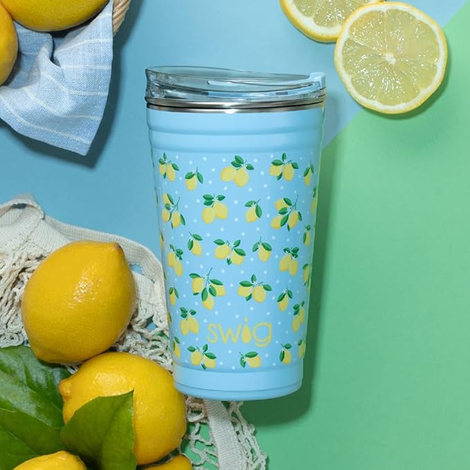 Swig Life 24oz Party Cup, Stackable Insulated Travel Coffee Tumbler with EZ Slider Lid, Cup Holder Friendly Travel, Stainless Steel 24 oz Tumbler, Reusable Mug (Lemon Meringue)