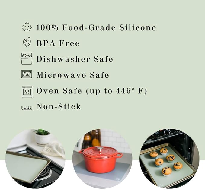 The Silicone Kitchen Silicone Oven Baking Mats BPA Free, Extra Thick, Half Sheet 16 in by 11.75 in, Set of 2, Green and Gray