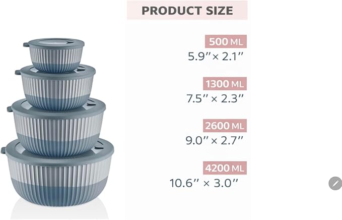 Mixing Bowls with Lids, 8-Piece Airtight Leak-Proof Nesting BPA-Free Bowl Set for Kitchen & Food Storage, Large 4200ml Capacity, Microwave & Dishwasher Safe