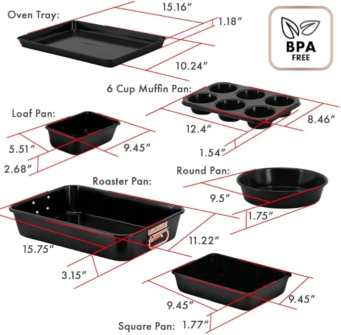 Stackable Nonstick Bakeware Set, 8 Piece Baking Pan Set, Oven Safe Carbon Steel, Includes Cookie Sheet, Muffin Pan, Loaf Pan & Roaster