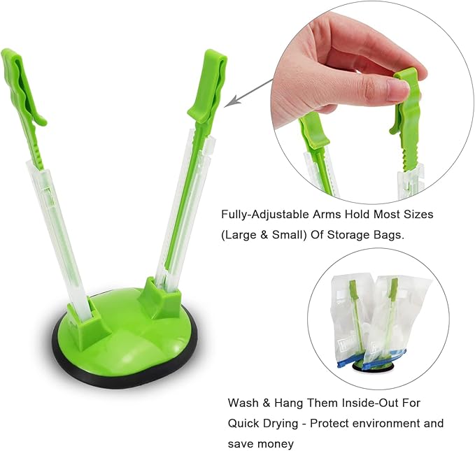 Baggy Rack Hands-Free Clip Food Storage Freezer Baggy Holder Pack 3 Green