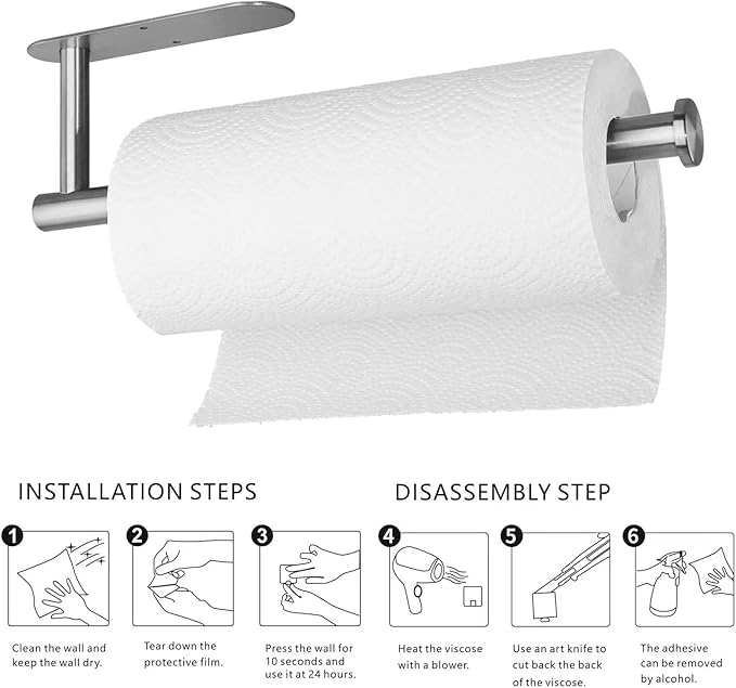 Paper Towel Rolls - for Kitchen, Self-Adhesive Under Cabinet,Both Available in Adhesive and Screws,Stainless Steel Paper Towel Holder Bulk(Grey)