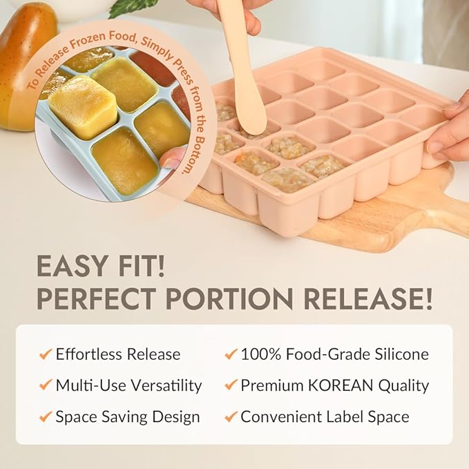 Baby Food Storage Silicone Cubes with Clip-On Lid Freezer Tray Baby Food Soups Purees Ice Safe Design Made in Korea(20cubes 0.8oz, Sand Beige Set of 2)