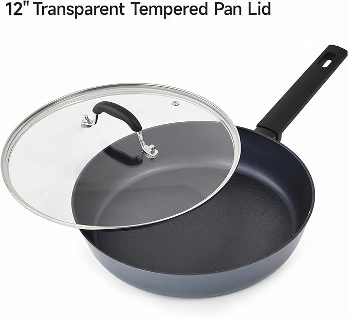 12 IN Glass Lid with Black Handle for Frying Pan, Tempered Replacement Cover Compatible for Skillets, Round Cast Iron, Cast Aluminium, Stainless Steel Pans & Pots (297mm-312mm)
