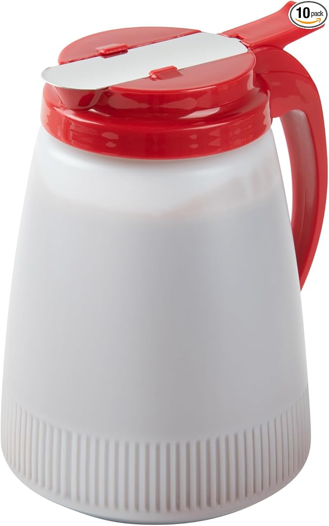 Restaurantware-Chef 101 48 Ounce All Purpose Syrup Dispensers, 10 Honey Dispensers - Red Top, Stainless Steel Slide Cover, Plastic Pancake Syrup Bottle, Perfect For Diners, Restaurants, Home