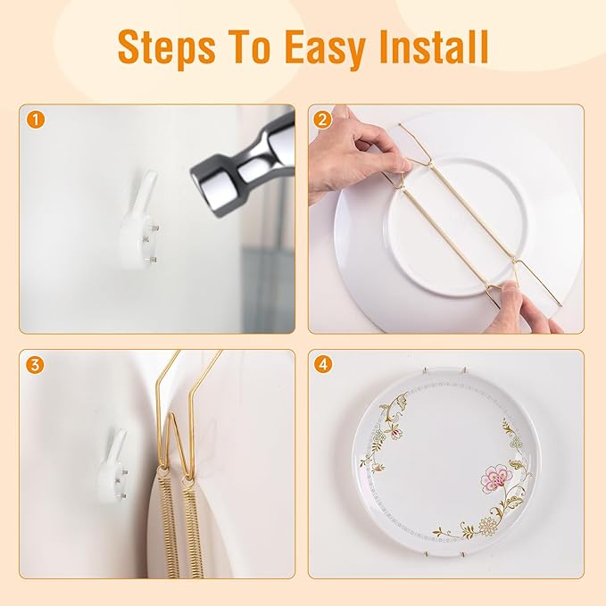 3 Pack Plate Hangers for The Wall, Suitable for 4-5 inch Art Plate, Stainless Steel Invisible Heavy Duty Wire Plate Holder with Wall Hooks, Plate Hangers for Displaying Plates, Platter, Dish, Gold